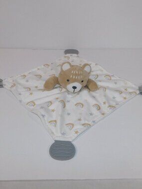 Modern Baby Bear Rainbows Teether Rattle Security blanket Tan Plush Baby Lovey